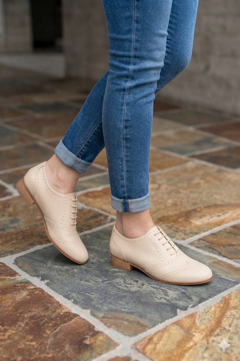 Women's ivory white sophisticated lace-up shoes with round toe and leather sole - Top view